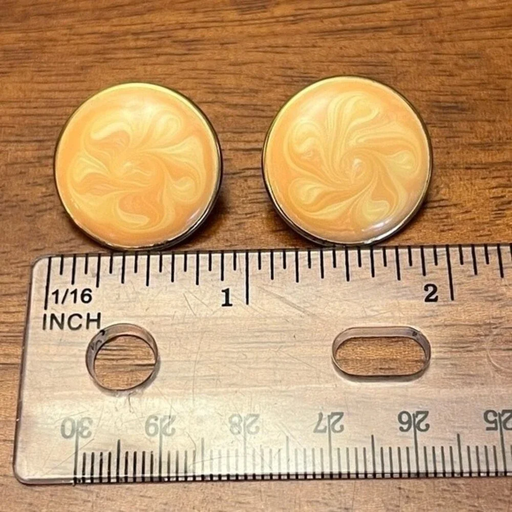 80s Vintage Button Earrings Orange Cream Swirl Circle Studs